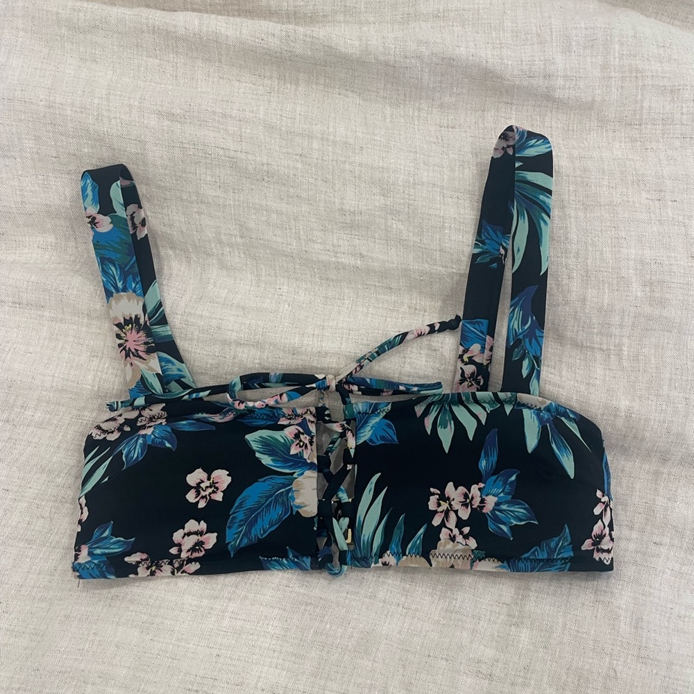 Diane Von Furstenberg DVF West Bikini Swimsuit Top Black Floral Lace-up XS